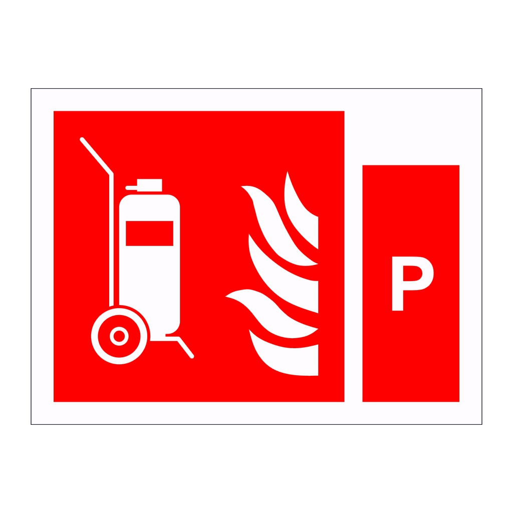 Wheeled fire extinguisher with Powder Identification (Marine Sign)