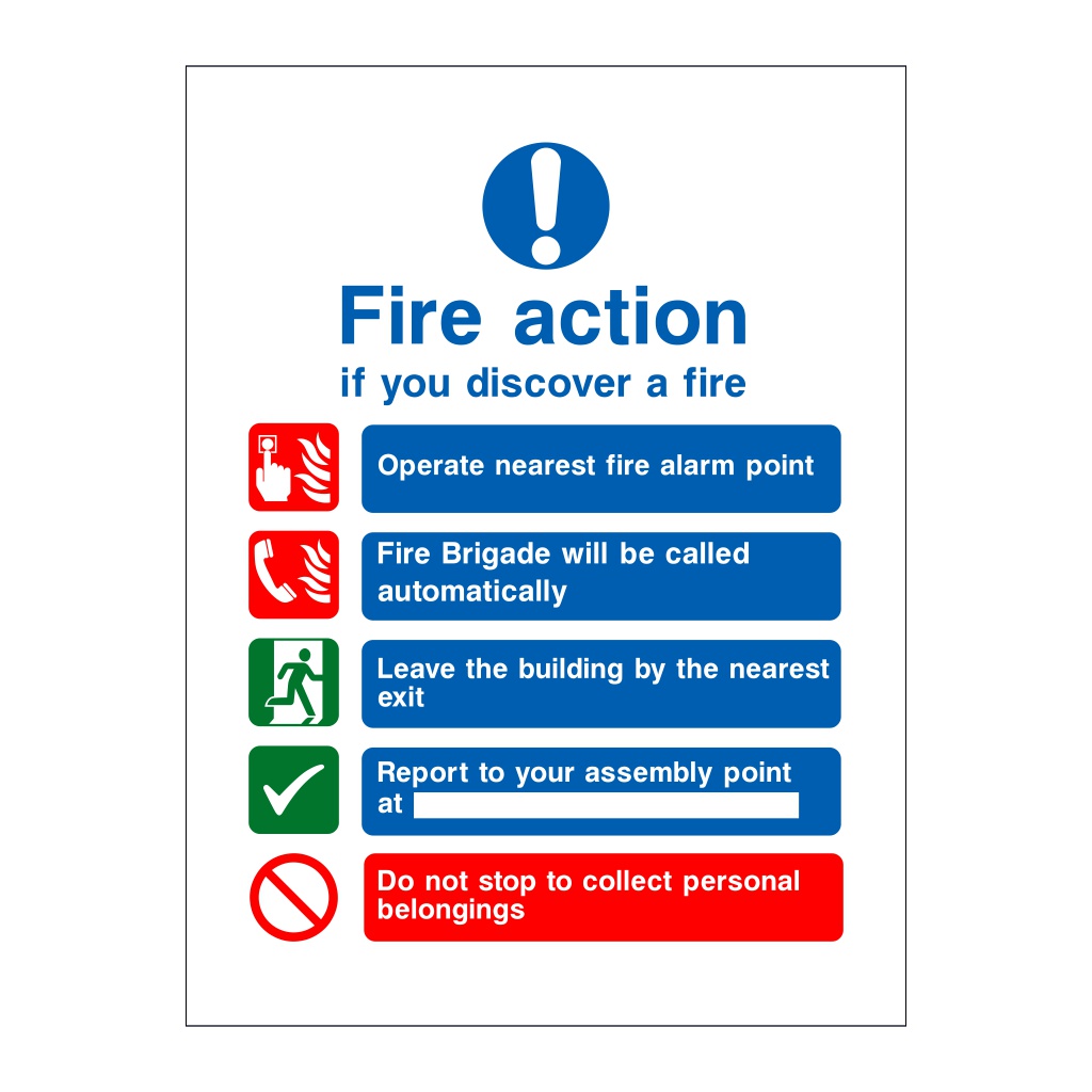 Fire action sign with symbols No lift version