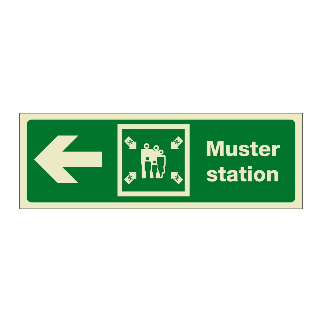 Muster station with left directional arrow (Marine Sign)