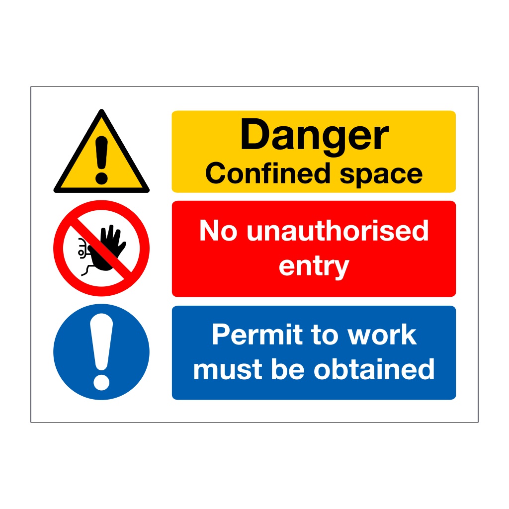 Danger Confined space No unauthorised entry Permit to work must be obtained sign