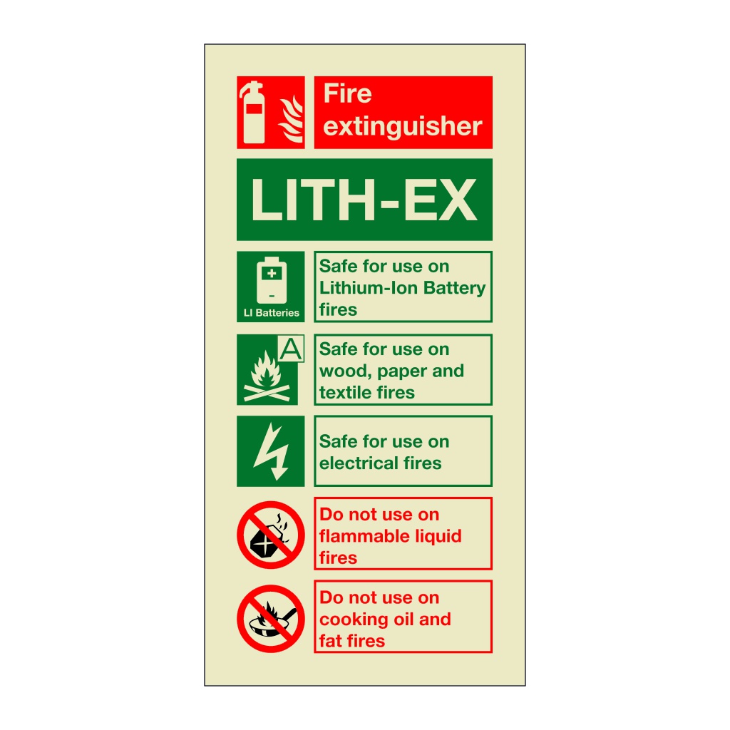 Lithium-Ion (Lith-Ex) fire extinguisher identification (Marine Sign)