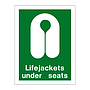 Lifejackets under seats with text (Marine Sign)