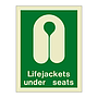 Lifejackets under seats with text (Marine Sign)